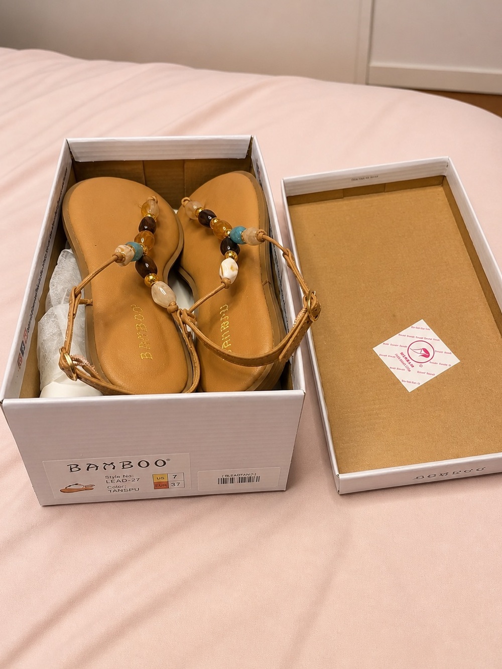 BAMBOO Tan Beaded T-Strap Sandals with Turquoise Accents